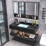 NT42-80 - Bàn đá nhân tạo 2 tầng, màu đen vân mây, kết hợp chậu sứ âm, vòi nóng lạnh và tủ gương led.