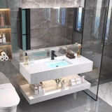 NT31-1 - Bàn đá nhân tạo 2 tầng kết hợ chậu sứ âm, tủ gương nhựa cánh mở, vòi nóng lạnh.