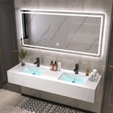BÀN ĐÁ ĐƠN NHÂN TẠO TRONG NƯỚC 1 TẦNG KẾT HỢP 2 CHẬU ÂM VÀ GƯƠNG LED CHỮ NHẬT BD37