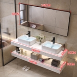 BD2C.1001 - Bàn đá nhân tạo 2 tầng trắng vân mây kết hợp 2 chậu sứ nổi, 2 vòi nóng lạnh, gương viền thép đen.