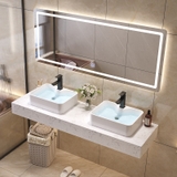 BÀN ĐÁ ĐƠN NHÂN TẠO TRONG NƯỚC 1 TẦNG KẾT HỢP 2 CHẬU NỔI VÀ GƯƠNG LED CHỮ NHẬT BD33