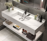 NT59 - Bàn đá 2 tầng chậu liền khối bề mặt nhám chống xước, kết hợp vòi nóng lạnh và tủ gương led cảm ứng.