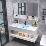NT31 - Bàn đá 2 tầng nhân tạo, trắng vân mây, kết hợp chậu sứ âm, vòi nóng lạnh và tủ gương.
