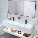 BD2C.1007 - Bàn đá nhân tạo trắng vân mây 2 tầng, 2 chậu sứ âm, kết hợp 2 vòi nóng lạnh, gương viền thép đen.