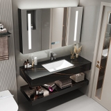 NT56 - Bàn đá chống xước 2 tầng, bề mặt nhám kết hợp chậu sứ âm, vòi nóng lạnh và tủ gương led.