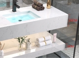 NT25 - Bàn đá nhân tạo 2 tầng kết hợp chậu âm, vòi nóng lạnh, gương viền thép đen.