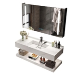 NT59 - Bàn đá 2 tầng chậu liền khối bề mặt nhám chống xước, kết hợp vòi nóng lạnh và tủ gương led cảm ứng.