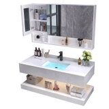 NT31 - Bàn đá 2 tầng nhân tạo, trắng vân mây, kết hợp chậu sứ âm, vòi nóng lạnh và tủ gương.