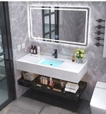 NT.DT01 - Bàn đá 2 tầng đen trắng, đá nhân tạo trong nước kết hợp chậu sứ âm, vòi nóng lạnh và gương led cảm ứng.
