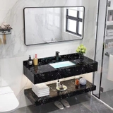 NT05 - Bàn đá 2 tầng đen vân mây kết hợp chậu sứ âm, vòi nóng lạnh và gương viền thép đen, kích thước 50x80cm.