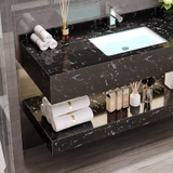 NT05 - Bàn đá 2 tầng đen vân mây kết hợp chậu sứ âm, vòi nóng lạnh và gương viền thép đen, kích thước 50x80cm.