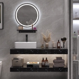 BD1006 - Bàn đá nhân tạo 2 tầng đen  vân mây, kết hợp chậu sứ nổi, vòi nóng lạnh, gương led tròn cảm ứng.