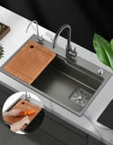 Chậu bếp 1 hố chống bám dính cao cấp CH01. Kèm thớt gỗ và rổ inox, phụ kiện thoát nước cao cấp