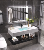 NT.DT01 - Bàn đá 2 tầng đen trắng, đá nhân tạo trong nước kết hợp chậu sứ âm, vòi nóng lạnh và gương led cảm ứng.