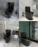 KA608 - Bồn cầu liền khối sứ nung tráng men nano đen viền sọc vàng cao cấp
