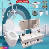 STAR02 - Combo phòng tắm cao cấp, Bồn cầu xịt rửa thông minh, bàn đá liền mép 2 tầng trắng vân mây.