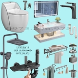 LUXURY15 - Combo phòng tắm cao cấp . Bồn cầu trứng liền khối nắp UF chống xước, bàn đá 2 tầng trắng vân mây.