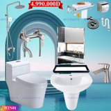 WIN01 - Combo trọn bộ phòng tắm, bồn cầu liền khối, chậu sứ treo, sen cây inox tròn...