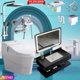 WIN03 - Combo trọn bộ phòng tắm, bồn cầu giả thông minh,  bàn đá 2 tầng chậu âm liền mép, sen cây đồng mạ crom vuông...