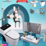 WIN06 - Combo trọn bộ phòng tắm, bồn cầu liền khối, bàn đá 1 tầng chậu nổi, sen cây inox vuông...