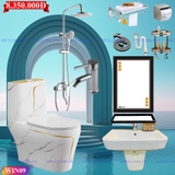 WIN04 - Combo trọn bộ phòng tắm, bồn cầu liền khối vân đá vàng, chậu sứ treo, sen cây đồng mạ crom tròn...