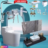 WIN15 - Combo trọn bộ phòng tắm, bồn cầu liền khối,  bàn đá 1 tầng chậu sứ nổi, sen cây đồng mạ crom vuông...