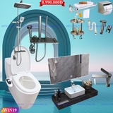 WIN19 - Combo trọn bộ phòng tắm, bồn cầu liền khối,  bàn đá 1 tầng chậu sứ nổi, sen cây bàn phím ghi xám.........