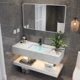 NT04 - Bàn đá đôi nhân tạo 2 tầng, kết hợp vòi nóng lạnh, gương viền thép trắng, kích thước 50x80cm.