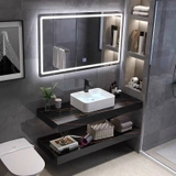 NT12N.D-80 - Bàn đá 2 tầng chống xước, bề mặt nhám kết hợp chậu sứ nổi, vòi nóng lạnh và gương led.