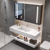 NT59 - Bàn đá 2 tầng chậu liền khối bề mặt nhám chống xước, kết hợp vòi nóng lạnh và tủ gương led cảm ứng.
