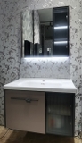 TCHD114 - Tủ chậu nhựa PVC, mặt chậu sứ liền khối âm, tủ gương led cảm ứng