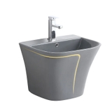 LUXURY28 - Combo phòng tắm cao cấp . Bồn cầu liền khối, chậu sứ treo màu ghi xám viền vàng