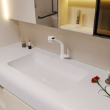 TC196 - Tủ chậu phòng tắm, đá thạch anh liền khối bo cạnh, gương led cảm biến cao cấp