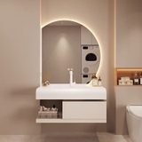 TC196 - Tủ chậu phòng tắm, đá thạch anh liền khối bo cạnh, gương led cảm biến cao cấp