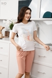 SYO- BỘ ÁO CỘC QUẦN LỬNG COTTON MÀU HỒNG CAM IN HÌNH CÔ GÁI