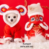 ÁO TẾT ĐỎ CÓ NÓN LÂN CUTE CHO CHÓ MÈO - SP007161