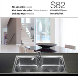 CHẬU RỬA BÁT INOX 2 HỘC SƠN HÀ CAO CẤP S82D1.3