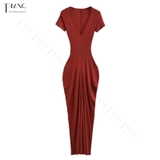 ĐẦM ÔM BODY DÁNG DÀI CỔ CHỮ V NHẤN EO MÀU ĐỎ