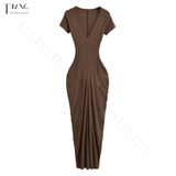 ĐẦM ÔM BODY DÁNG DÀI CỔ CHỮ V NHẤN EO MÀU NÂU