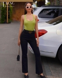 SET BODYSUIT XANH + QUẦN JEANS LƯNG CAO ỐNG LOE MONA