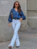 SET ÁO SƠ MI DENIM + QUẦN JEANS ỐNG LOE TRẮNG