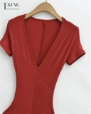 ĐẦM ÔM BODY DÁNG DÀI CỔ CHỮ V NHẤN EO MÀU ĐỎ