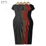 ĐẦM ÔM BODY DÁNG DÀI CỔ CHỮ V NHẤN EO MÀU NÂU