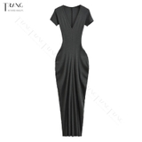 ĐẦM ÔM BODY DÁNG DÀI CỔ CHỮ V NHẤN EO MÀU XÁM