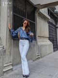 SET ÁO SƠ MI DENIM + QUẦN JEANS ỐNG LOE TRẮNG