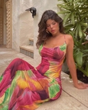 ĐẦM HAI DÂY CỔ ĐỔ HỌA TIẾT ĐỎ PHỐI XANH