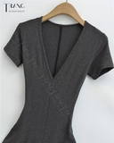 ĐẦM ÔM BODY DÁNG DÀI CỔ CHỮ V NHẤN EO MÀU XÁM