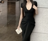 ĐẦM ÔM BODY DÁNG DÀI CỔ CHỮ V NHẤN EO MÀU ĐEN