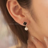 Khuyên tai bạc Việt Nam Ngọc Trai Freshwater bốn lá đen