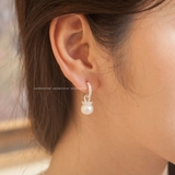 Khuyên tai bạc Việt Nam Ngọc Trai Freshwater chốt bấm vòng tròn đá